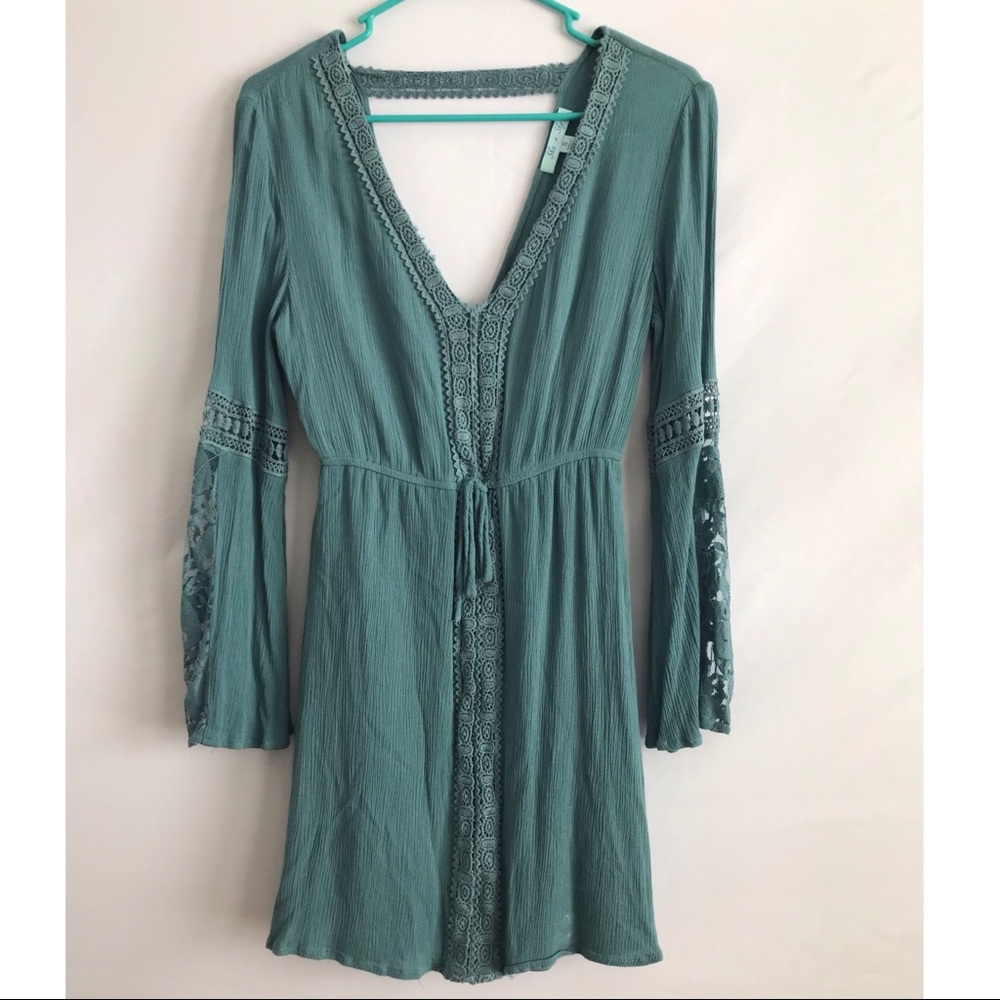 She + Sky Blue/Green Dress or Cover-up Crinkly Teal Lace Crochet insets Deep V